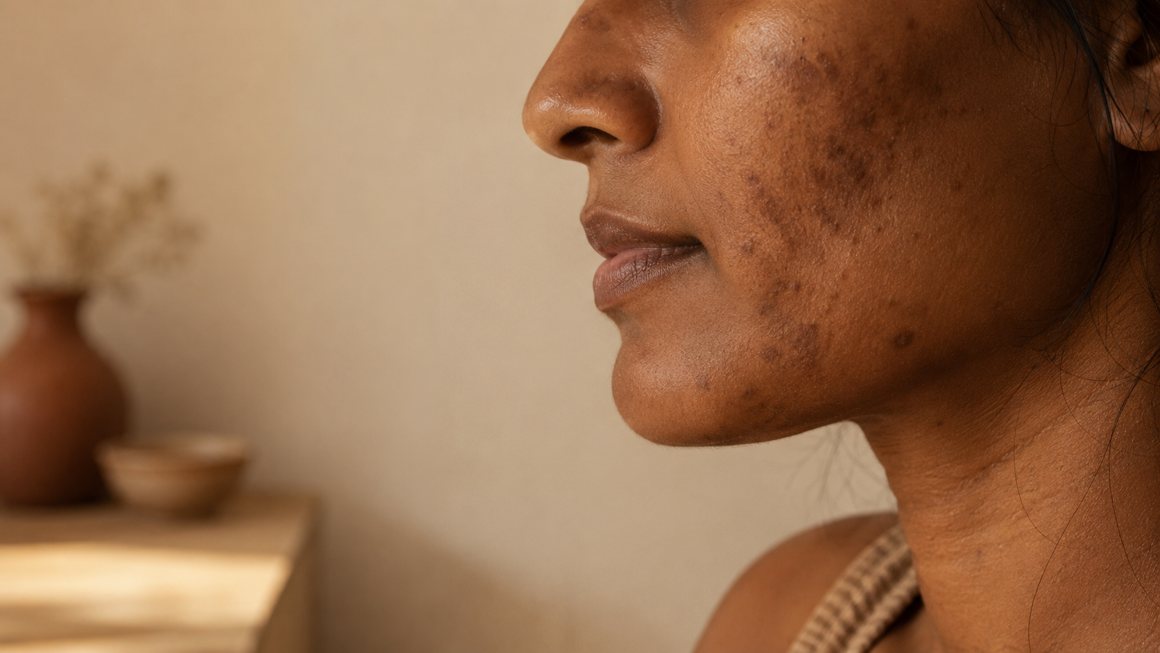 Close-up of post-inflammatory hyperpigmentation marks on deep brown skin in warm light