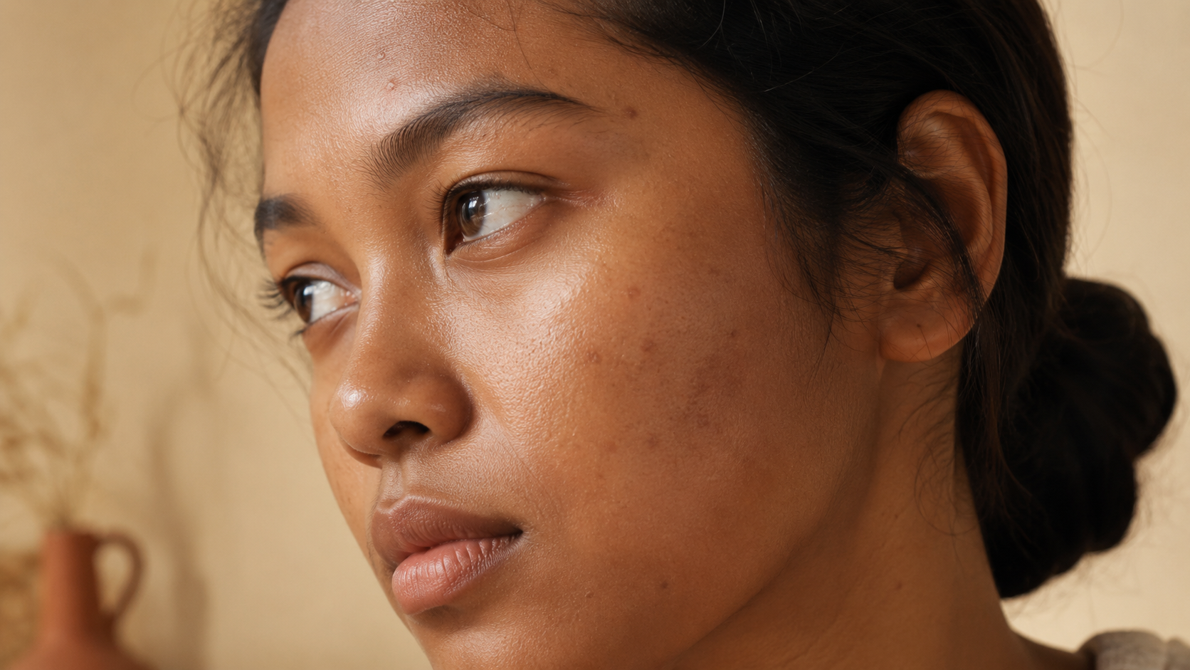 Close-up of fading post-inflammatory hyperpigmentation on deep brown skin, warm light