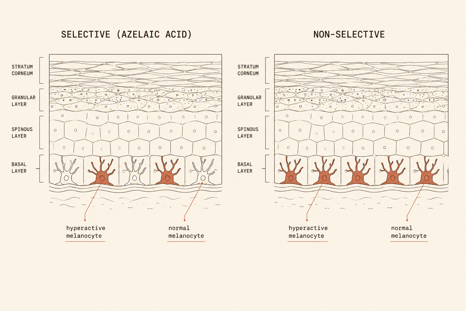 Diagram contrasting selective and non-selective tyrosinase inhibition on a cross-section of skin with azelaic acid targeting only hyperactive melanocytes