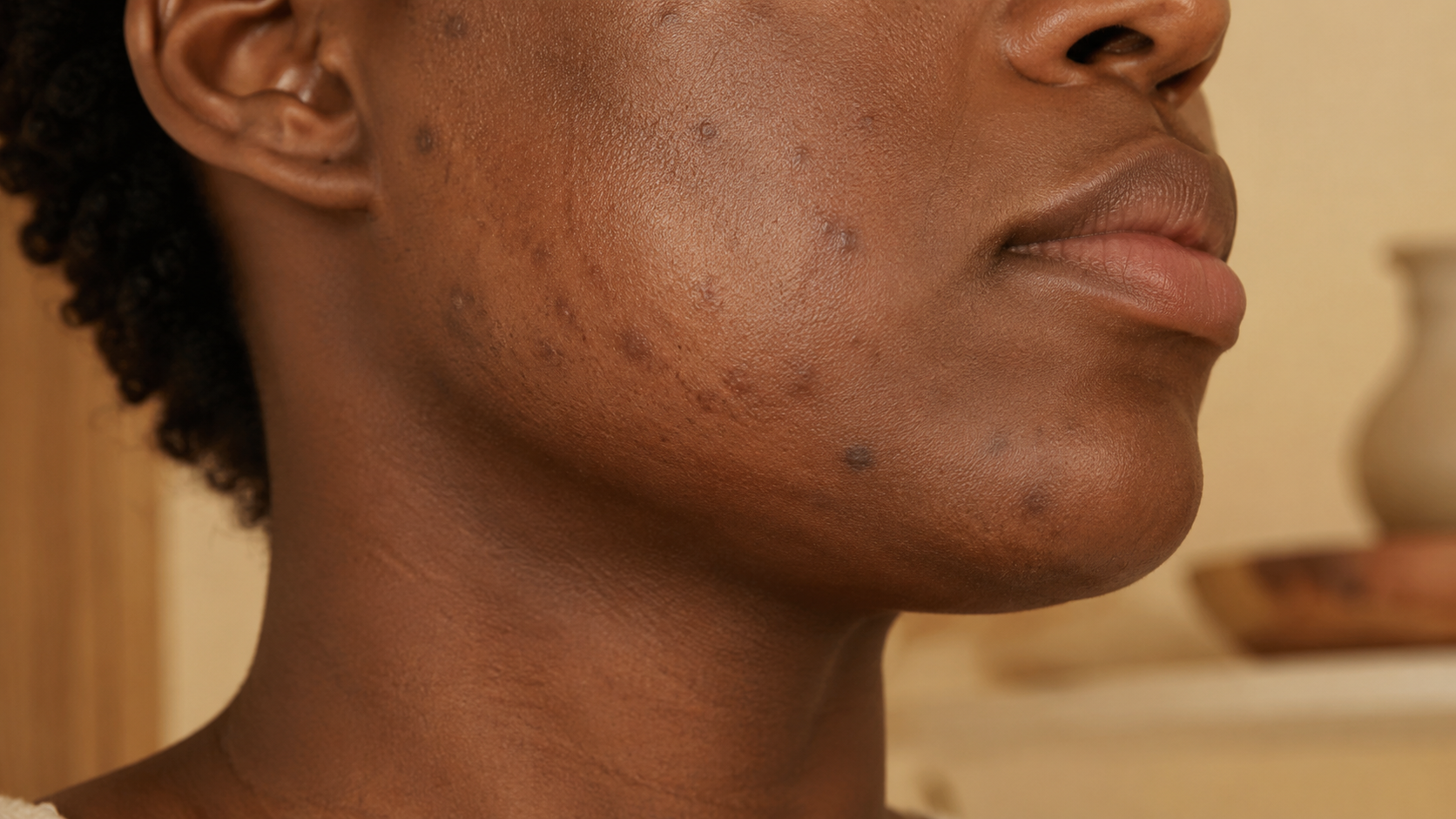 A Fitzpatrick V–VI jawline with post-inflammatory marks in mid-fade, warm directional light