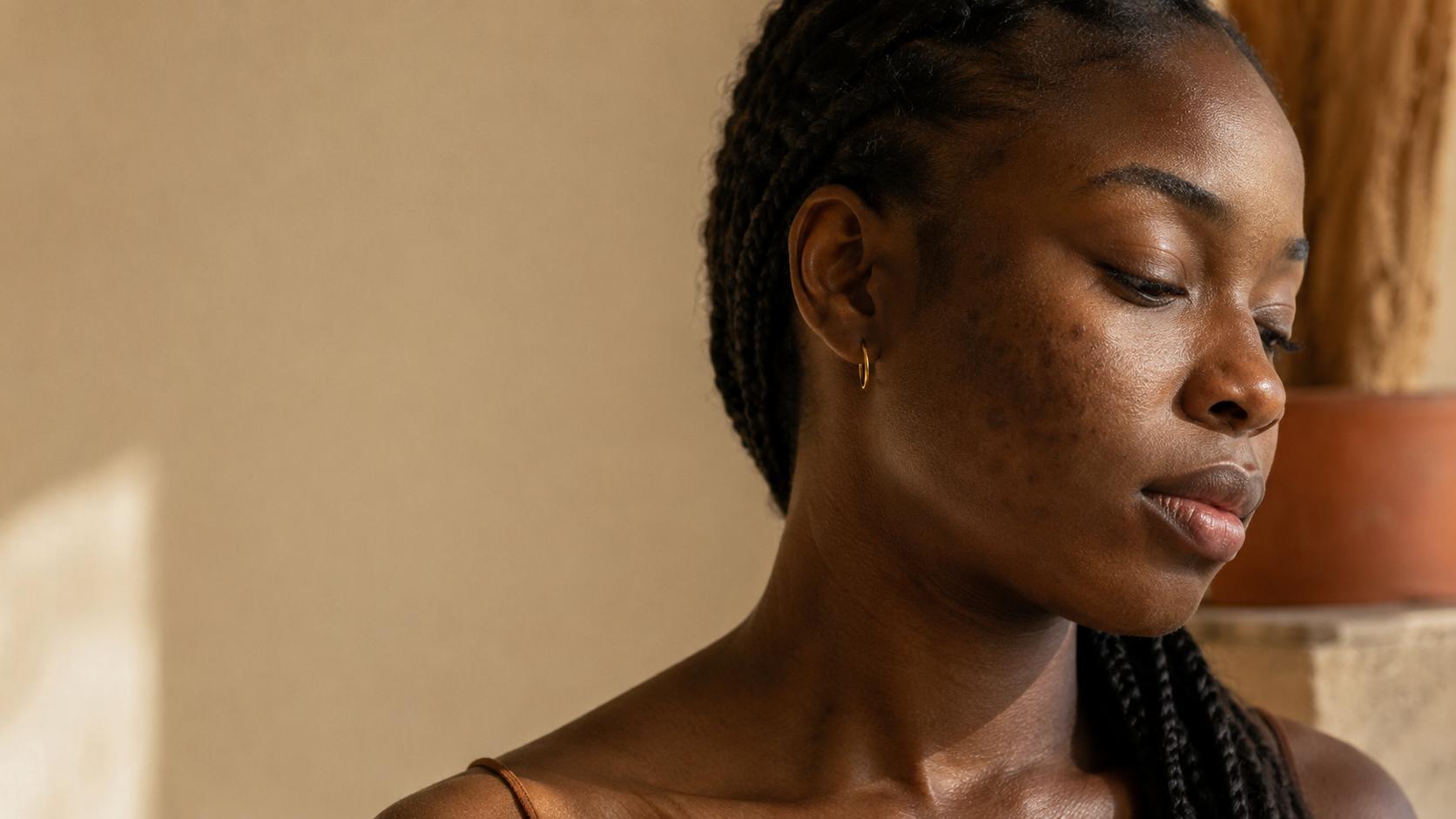 A woman in braids, three-quarter turn, post-acne marks catching raking side light