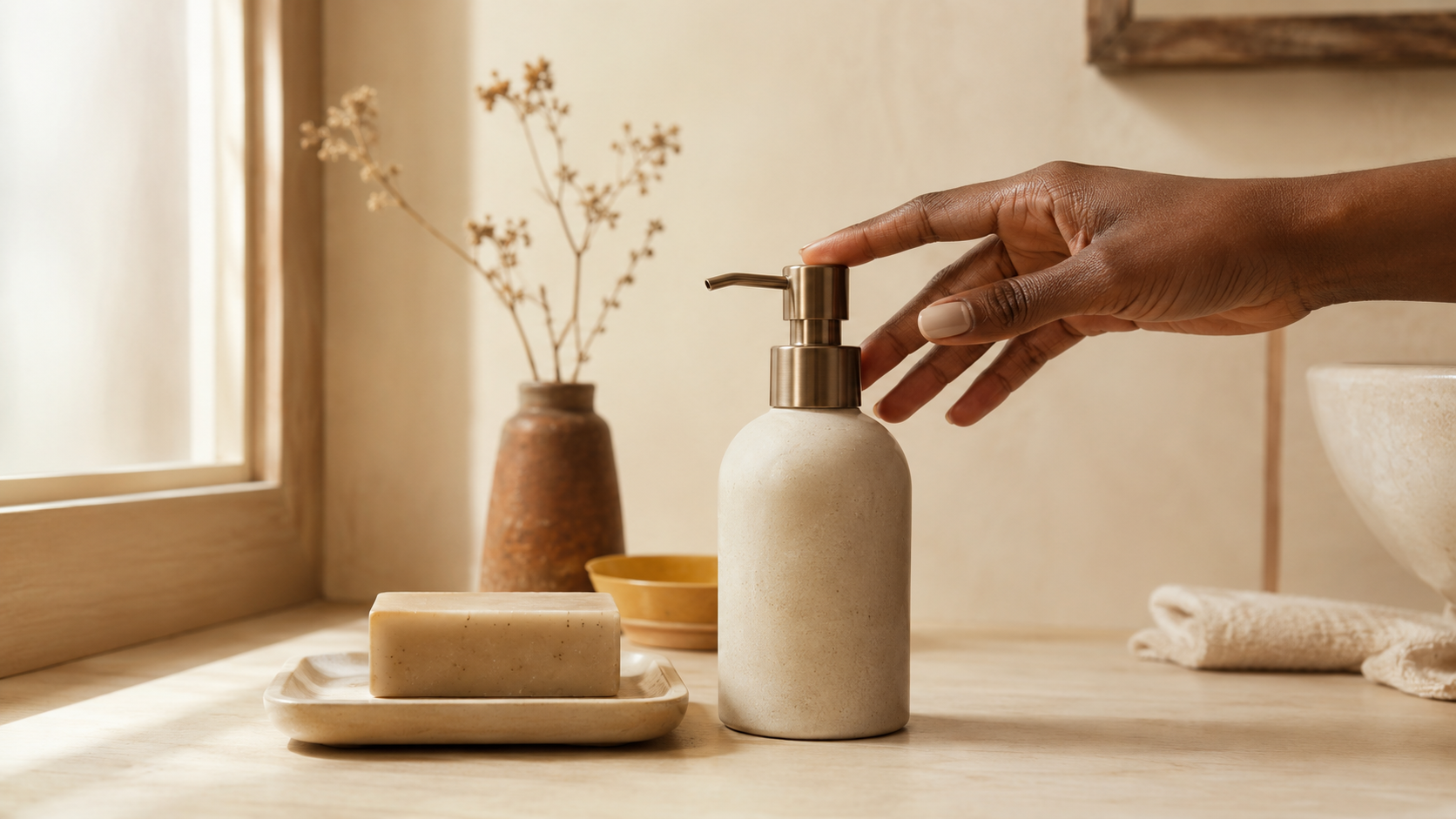 A hand with deep brown skin reaching for a pH-balanced cleanser over a bar of soap on a warm surface