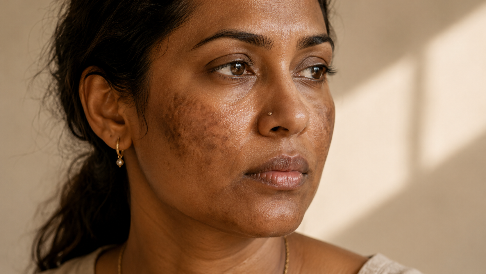 Close-up of bilateral melasma on Fitzpatrick V–VI skin across the cheeks, warm dignified light