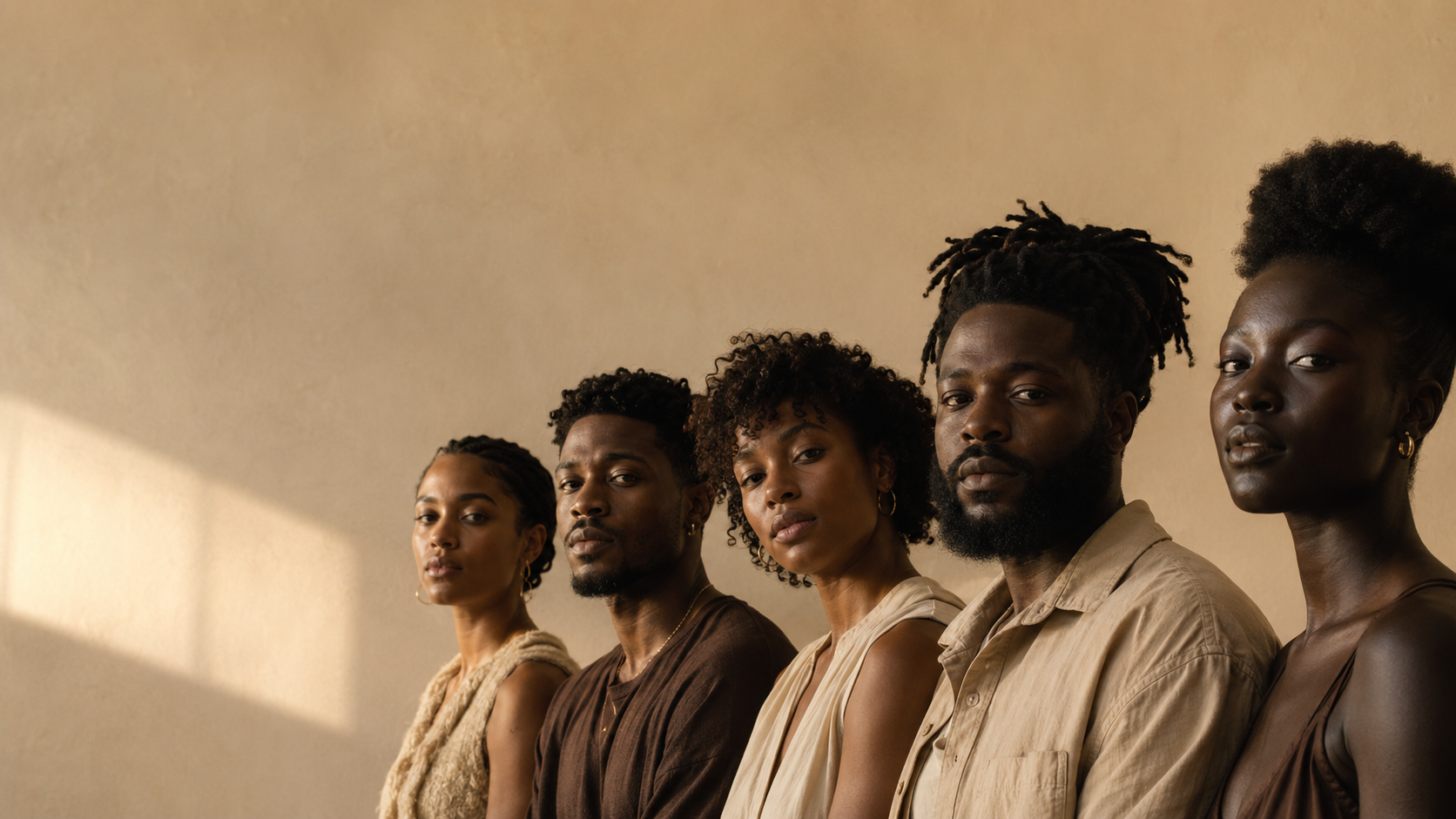A range of melanated faces, Fitzpatrick III–VI, side by side in warm light — the global majority