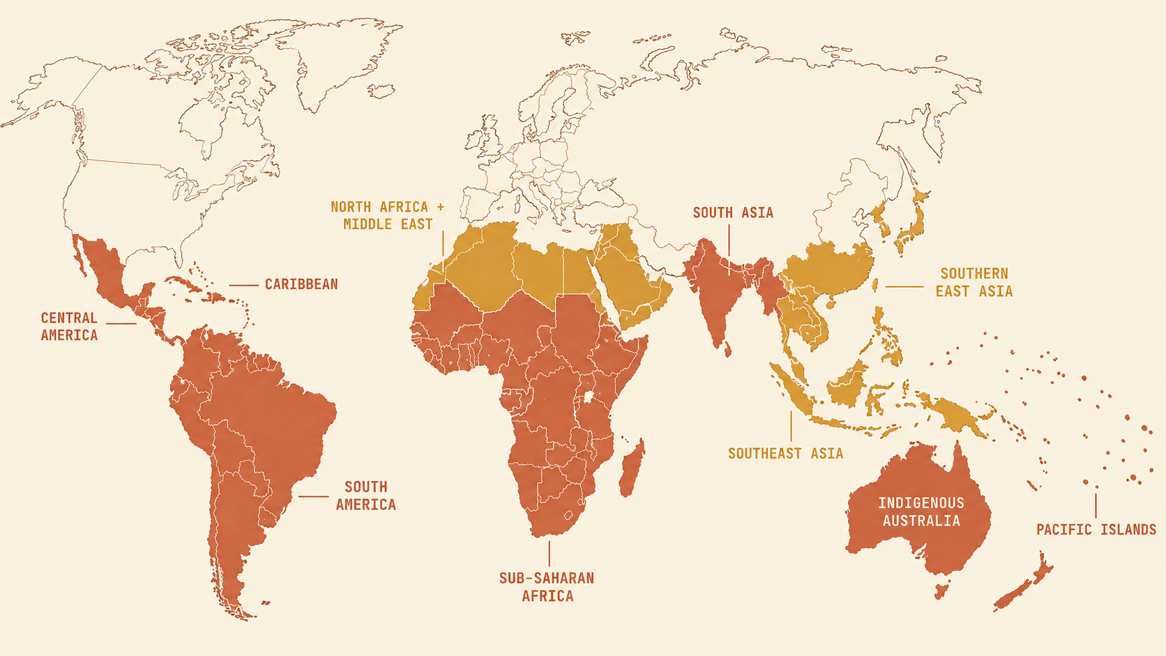 A world map highlighting the regions home to the majority of the world&rsquo;s population with skin of color &mdash; sub-Saharan Africa, South Asia, Southeast Asia, East Asia, the Americas, the Caribbean, and MENA