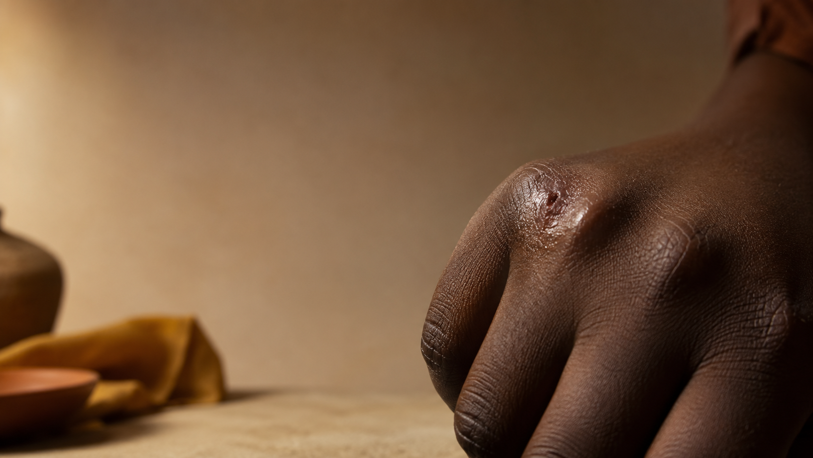 A small healing wound on a deep-skin knuckle, dignified warm light