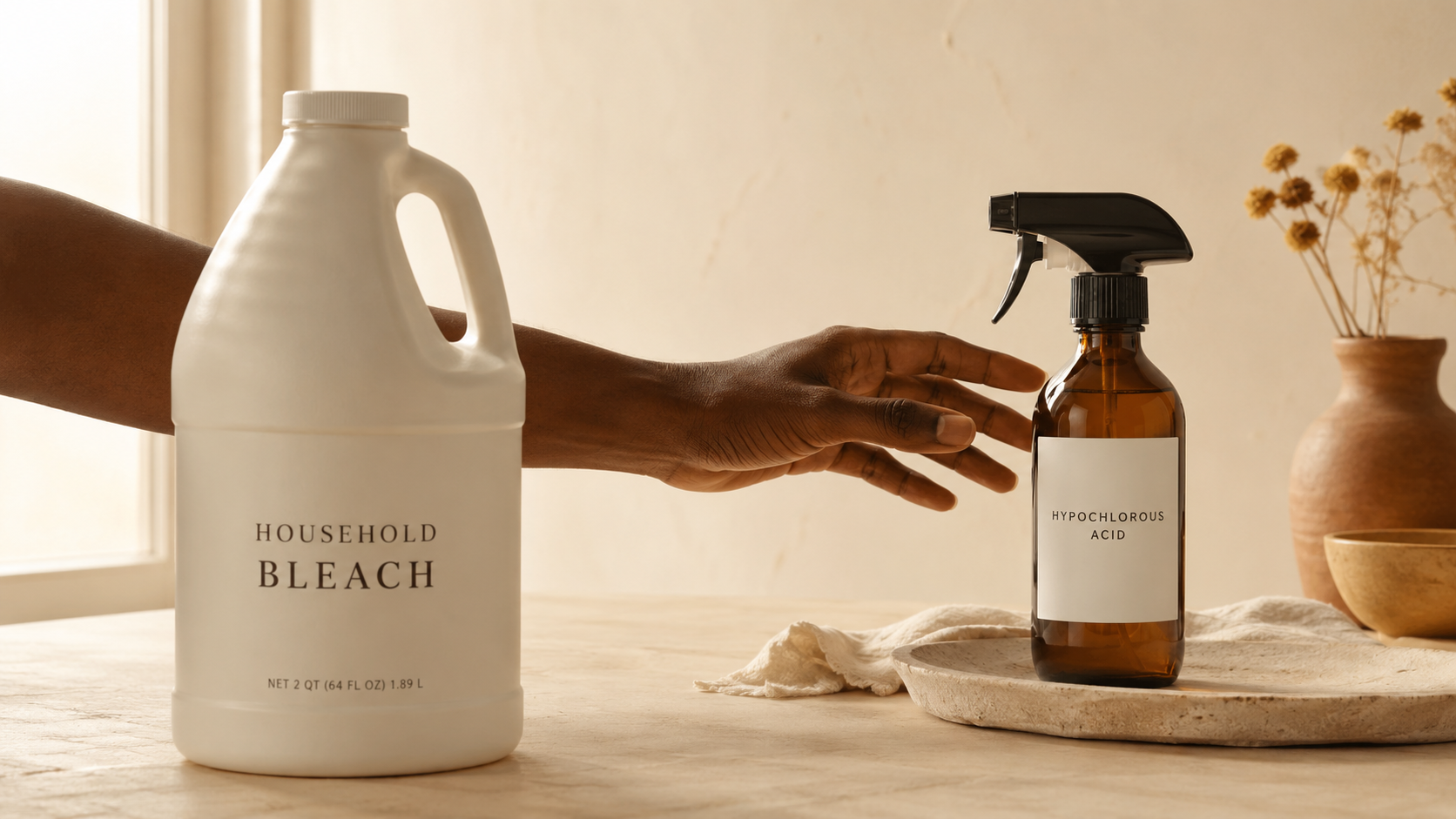 A hand reaching for a hypochlorous acid spray on a warm surface, past a bottle of household bleach