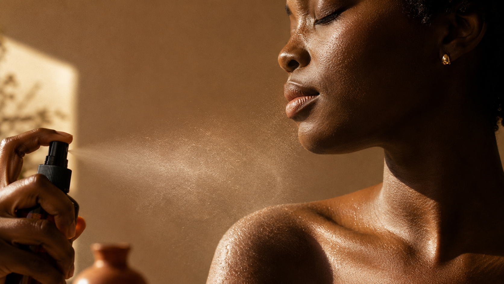 Calm deep skin receiving a fine spray mist in warm light