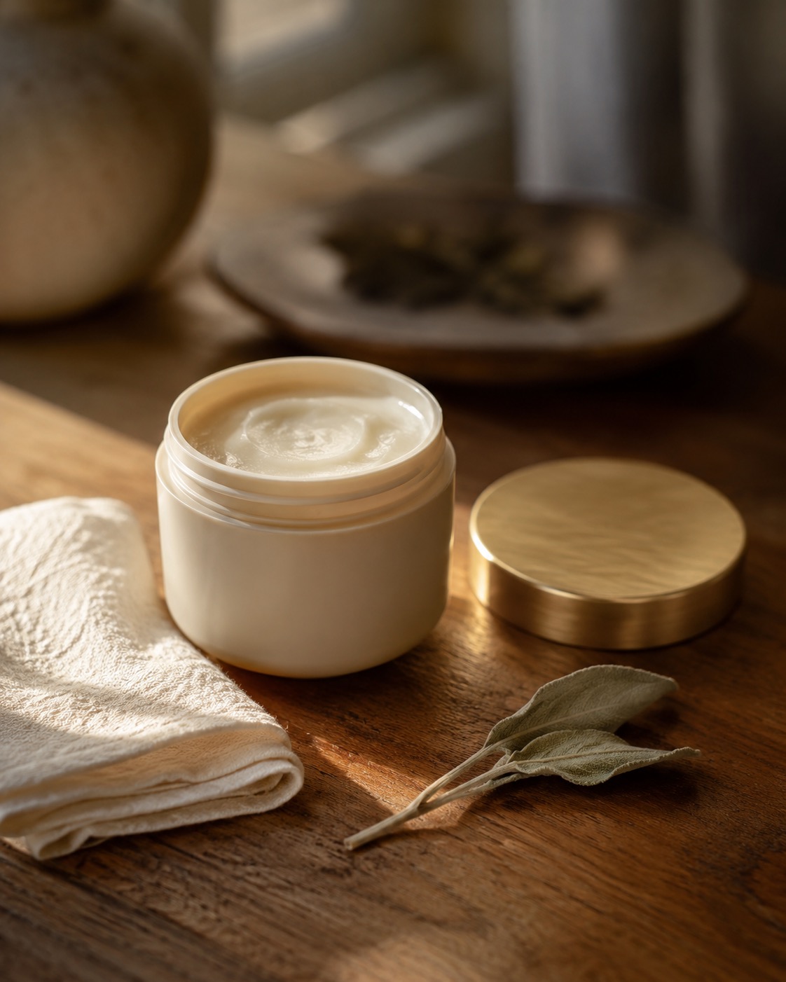 A plain fragrance-free emollient jar and folded cotton on a warm wood surface in soft afternoon light.