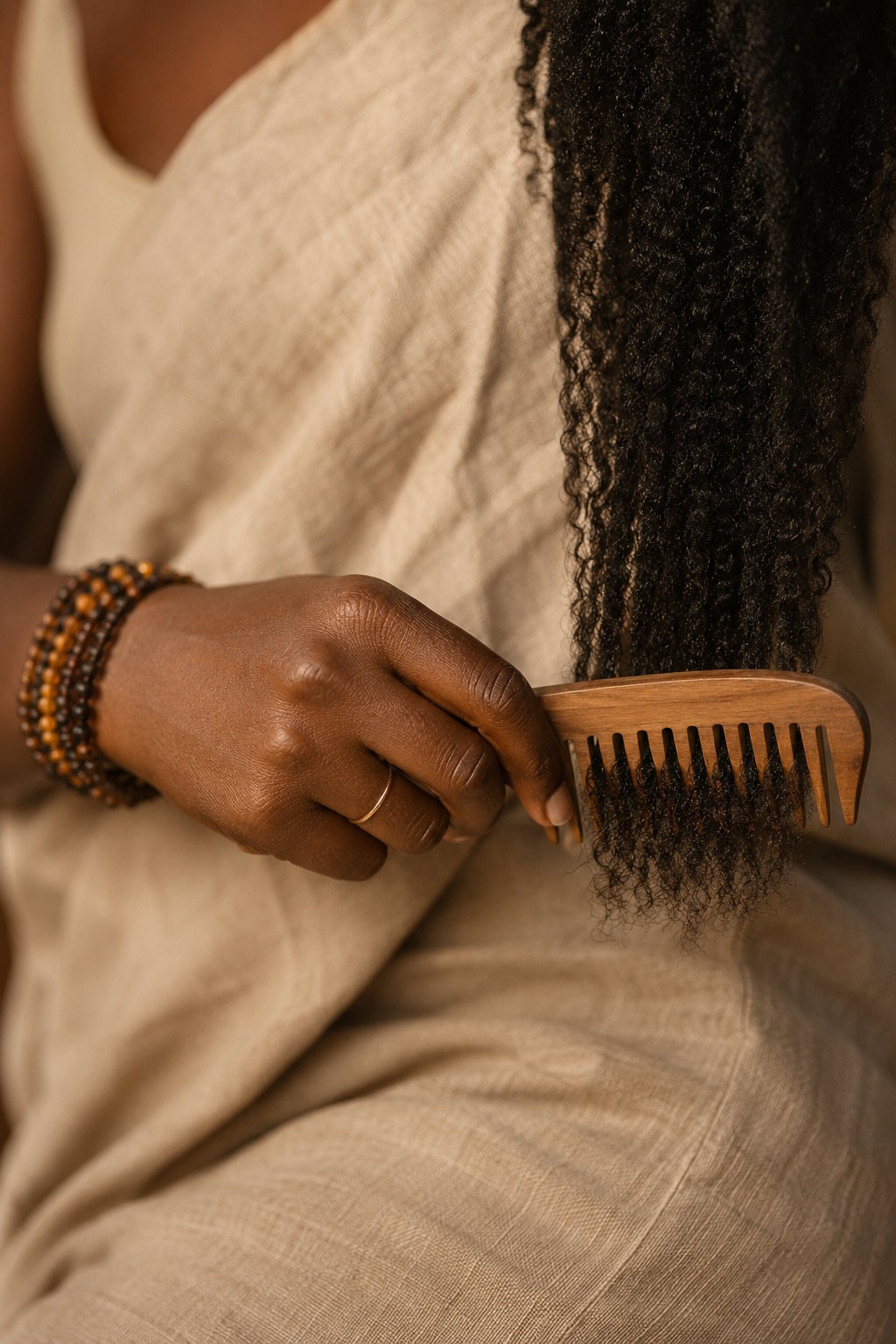 A hand working a wide-tooth wood comb gently through the ends of a section of coiled hair.