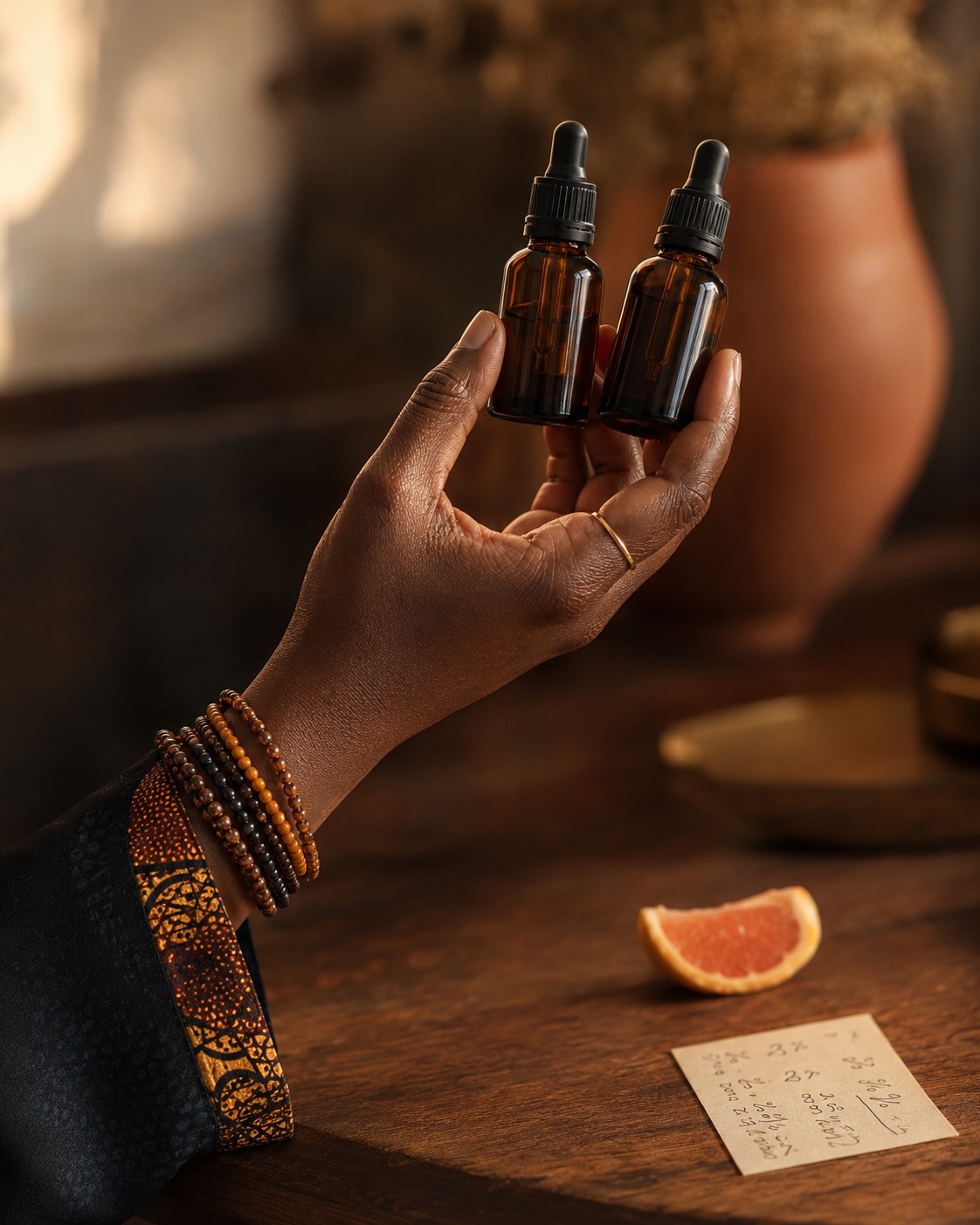A hand weighing two unlabeled amber dropper bottles, one beside fresh fruit, one beside a handwritten formula card.