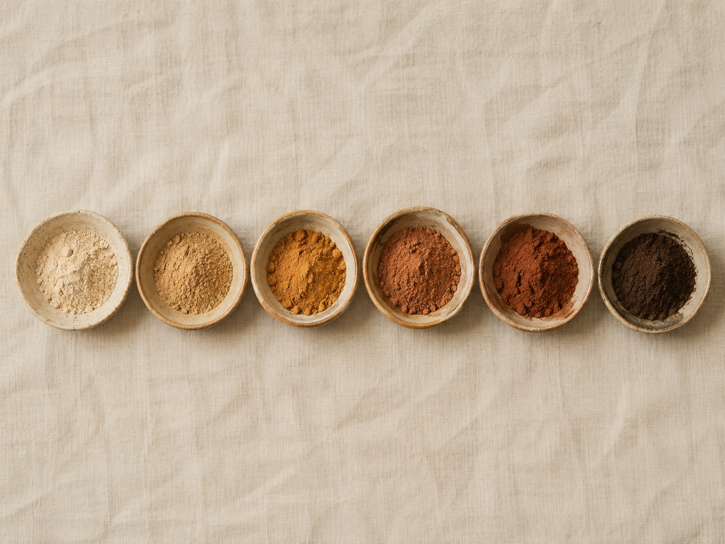 Six small bowls of pigment, from pale sand to deep brown, on linen