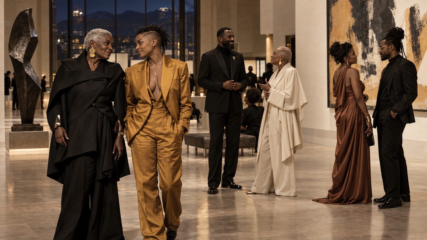 AI-created editorial scene of six fictional Black gala guests from different generations, dressed in formalwear and talking in a museum gallery