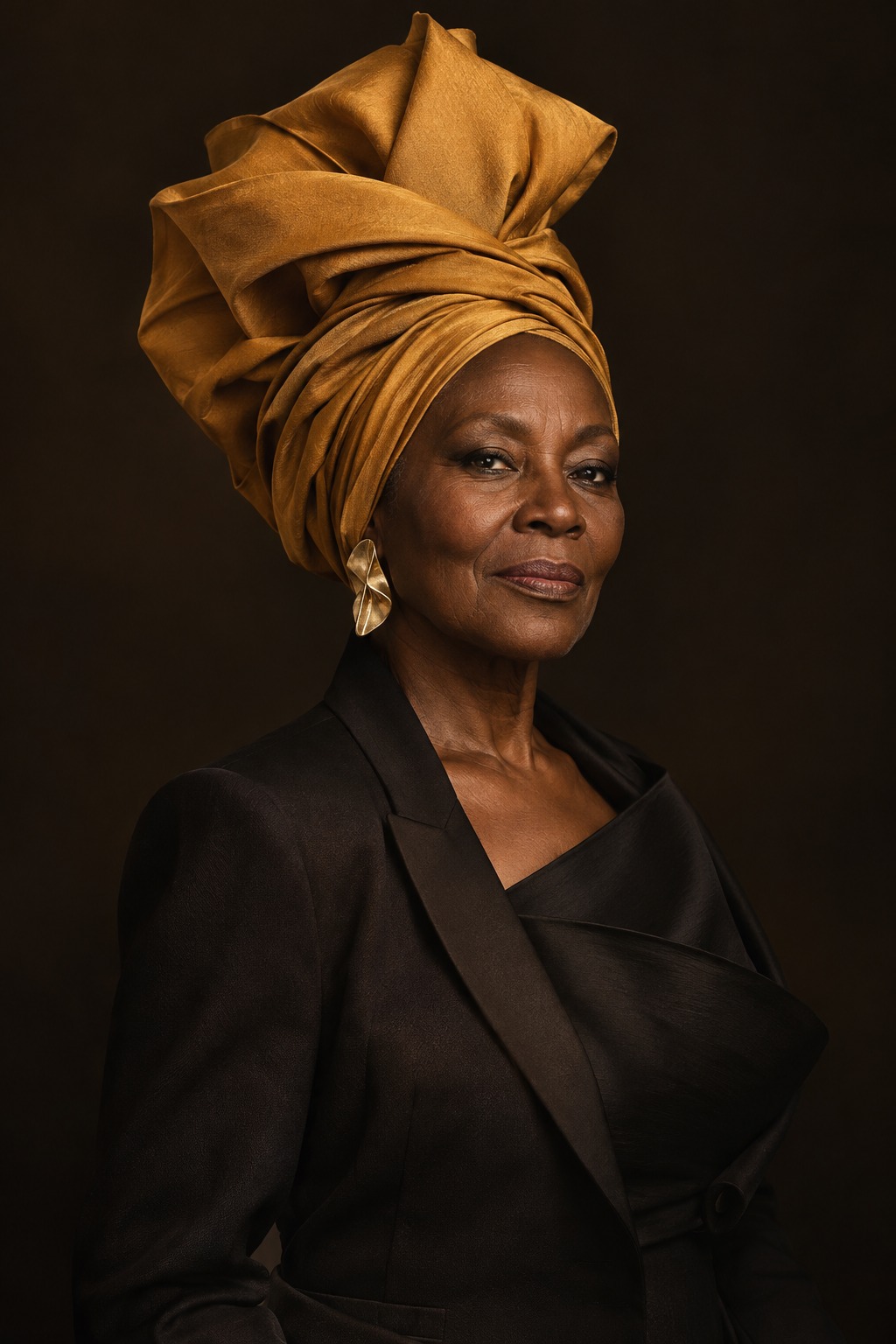AI-created editorial portrait of an older Black woman in a sculptural gold headwrap and black evening dress