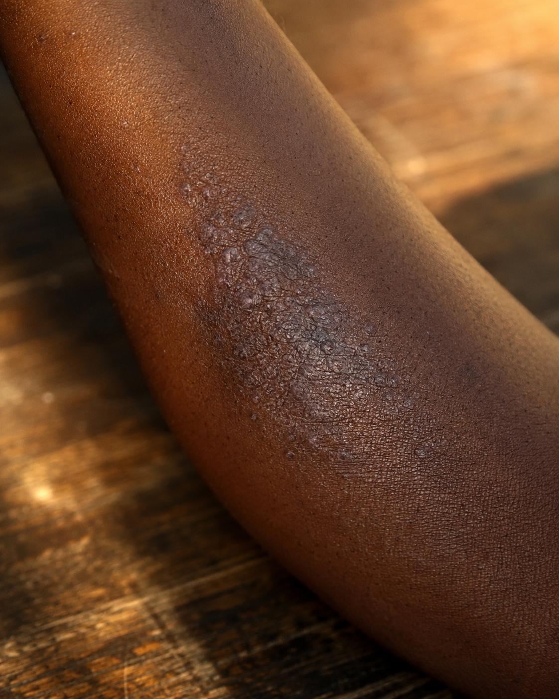 An eczema patch on deep brown skin, reading violet and gray rather than red.