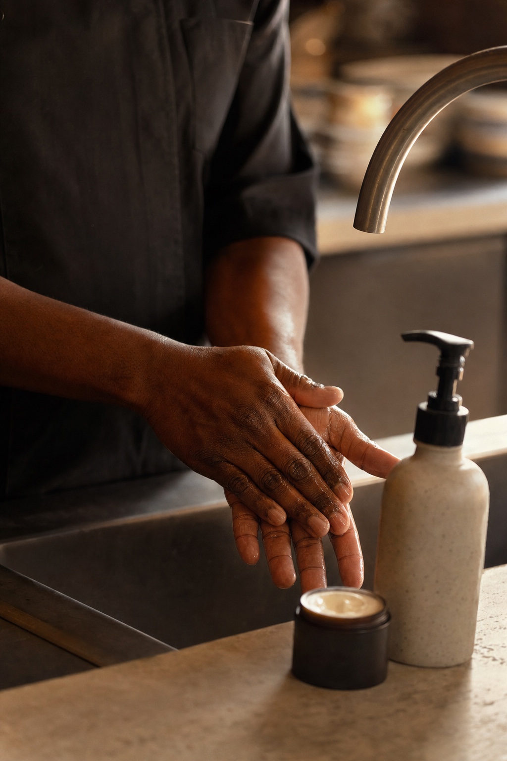 Deep brown working hands at a sink with a gentle cleanser and a jar of cream.