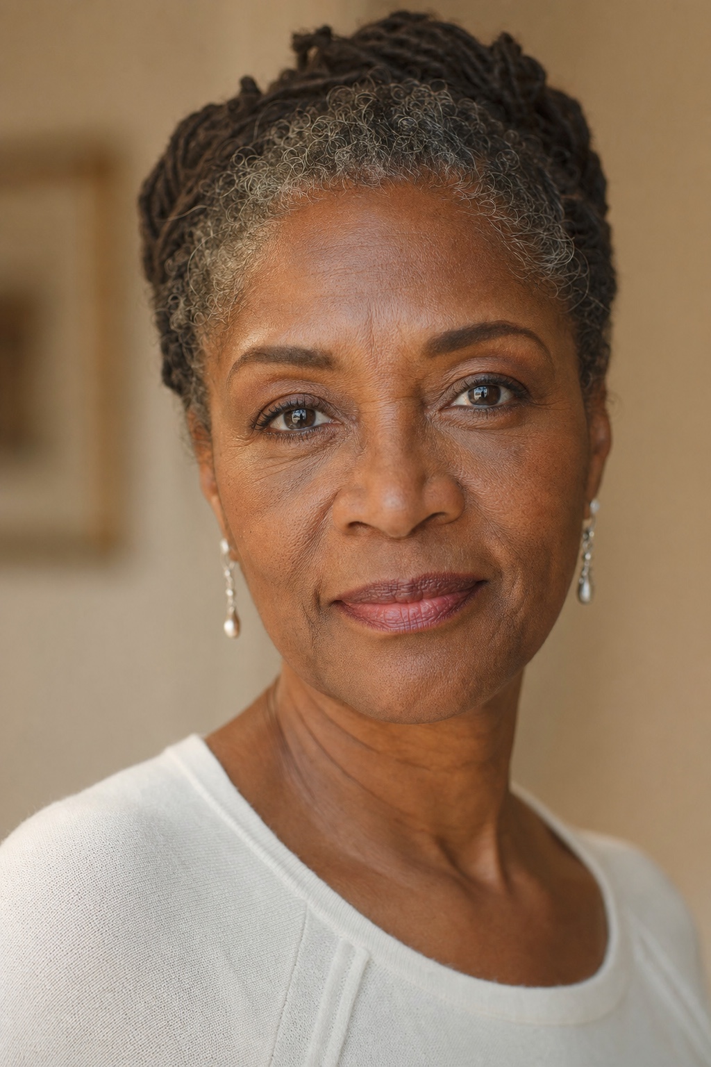 An older woman with deep brown skin in warm light, even-toned and radiant.