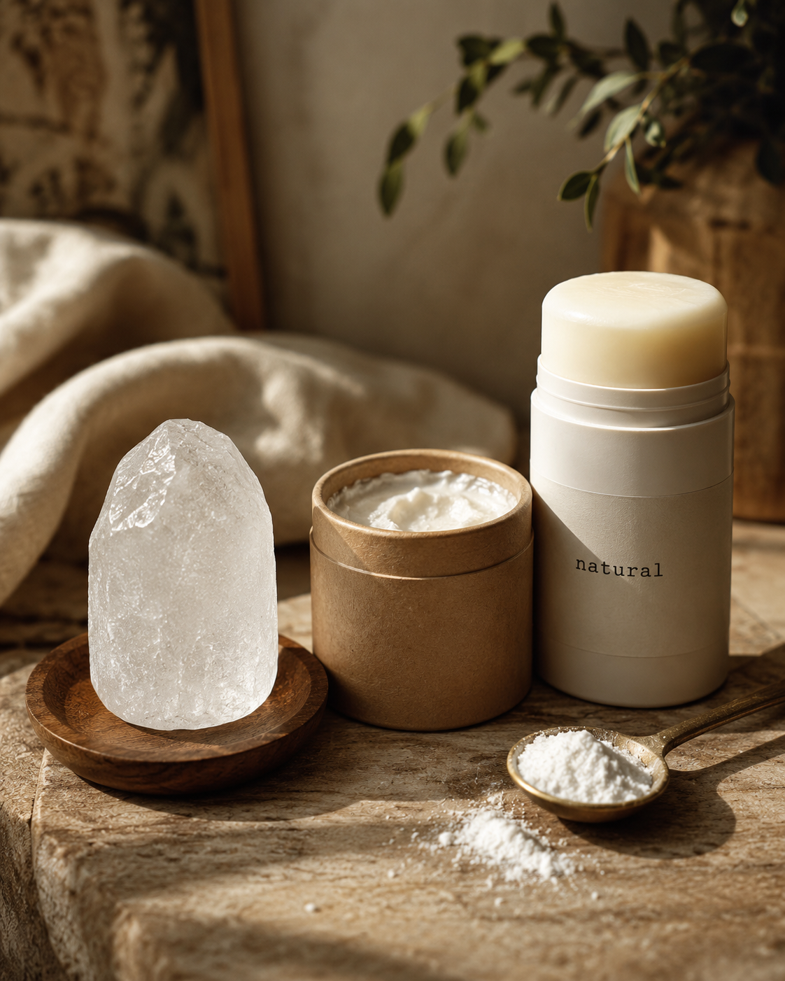 Two unbranded deodorant containers side by side on warm wood — one dressed in natural-botanical marketing cues, one plain and clinical