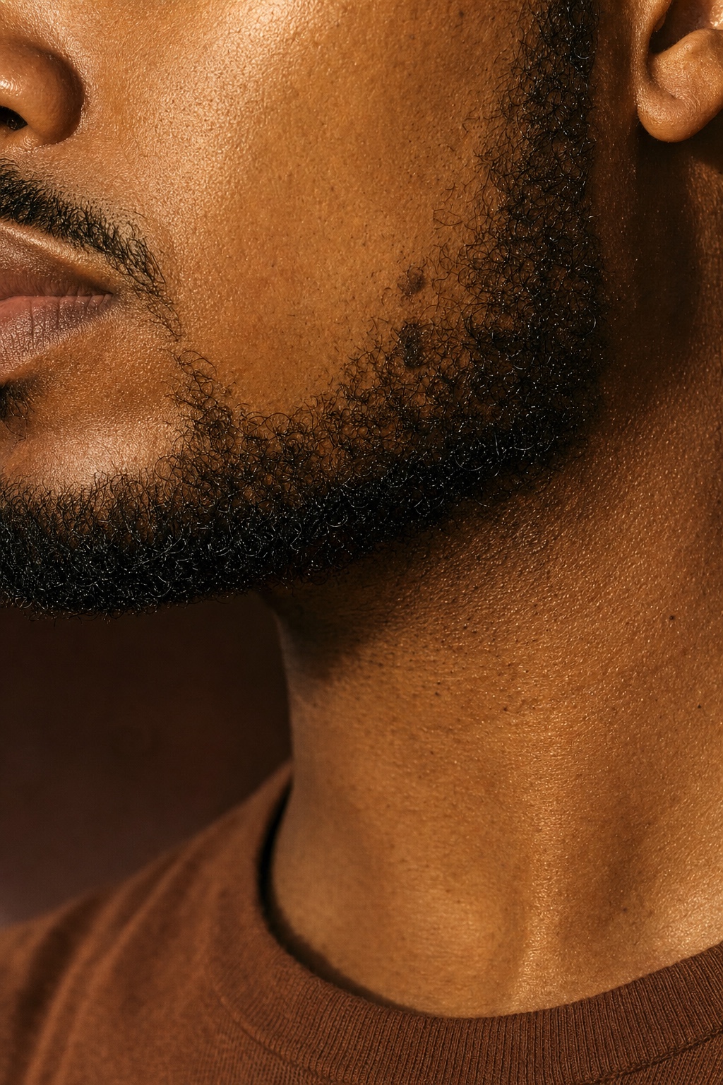 Close view of a beard line on deep brown skin, late-afternoon light.