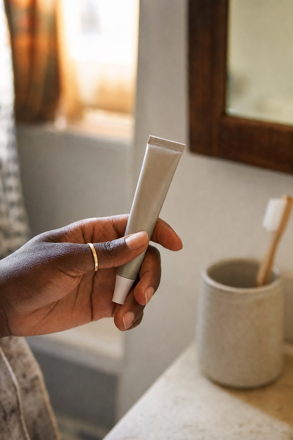 A dark-skinned hand holding a plain retinoid tube by a bathroom sink.