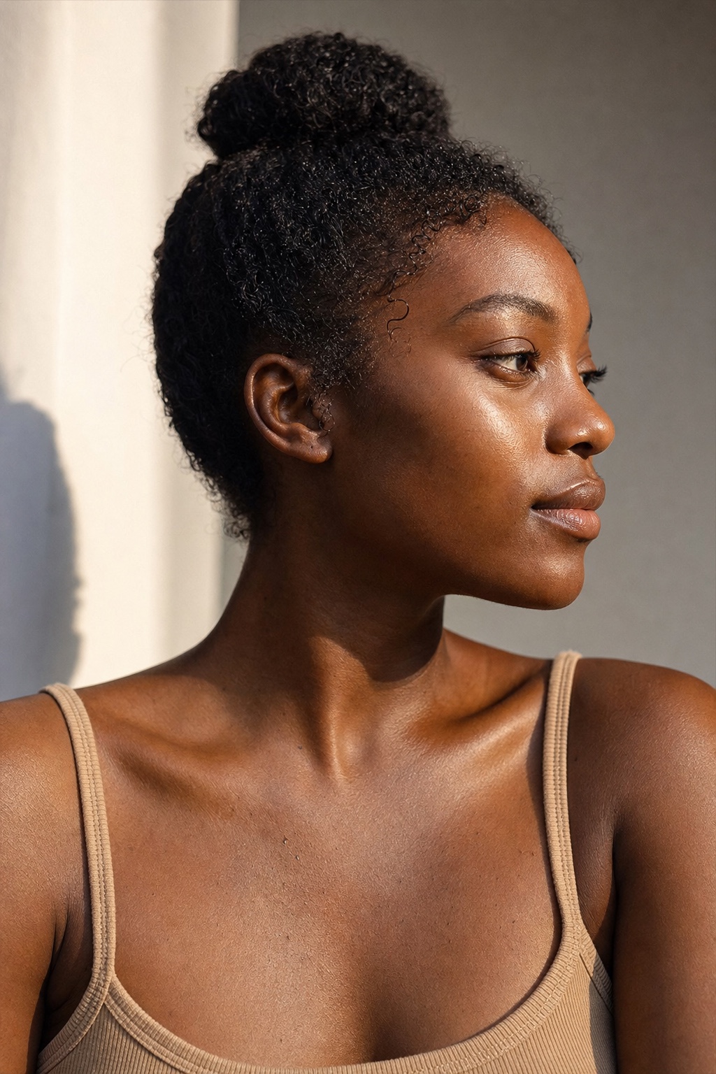 Sunscreen wearing clear on deep brown skin in warm daylight, no white cast.