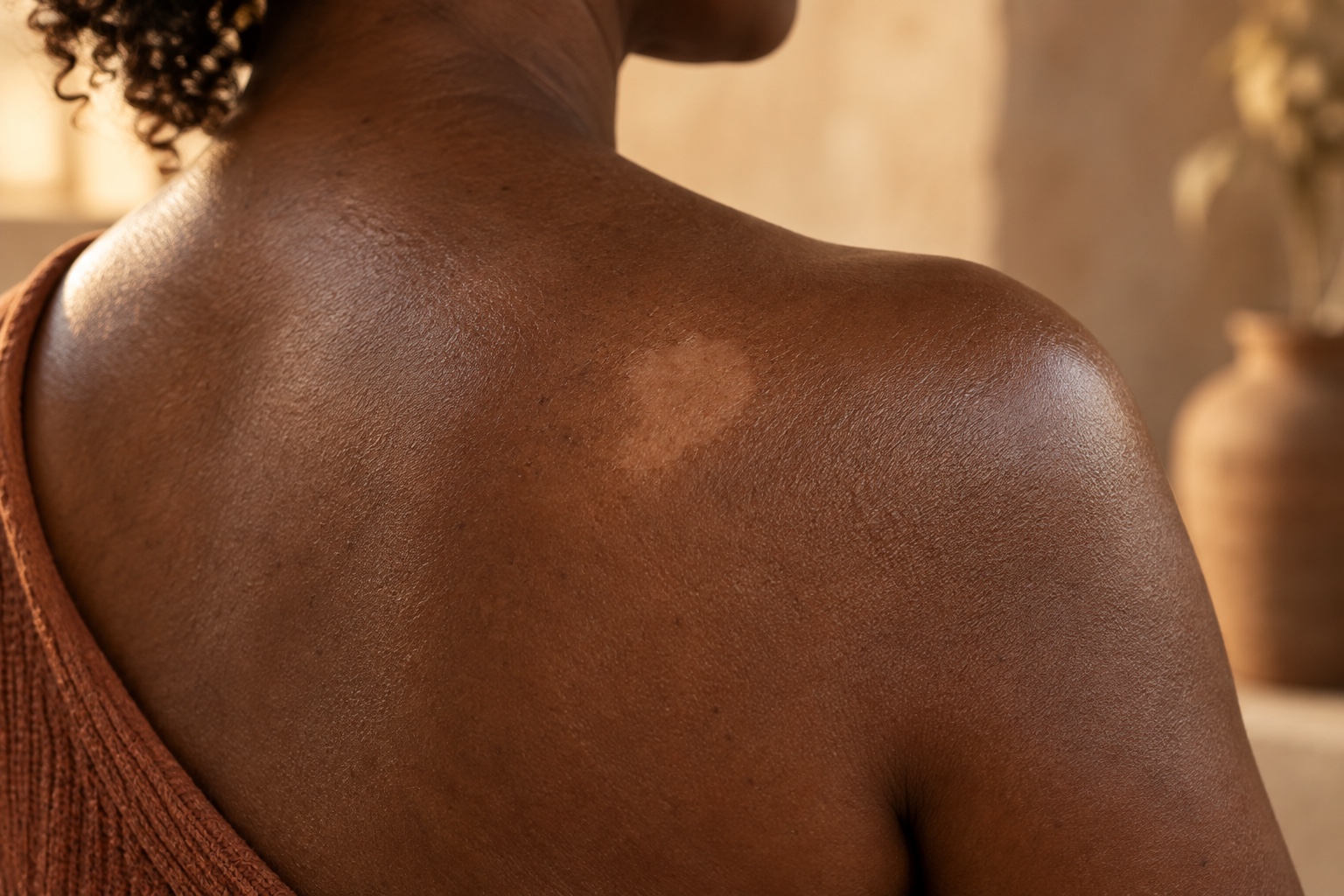 Soft-edged light patch on deep brown skin, more visible against the surrounding tan