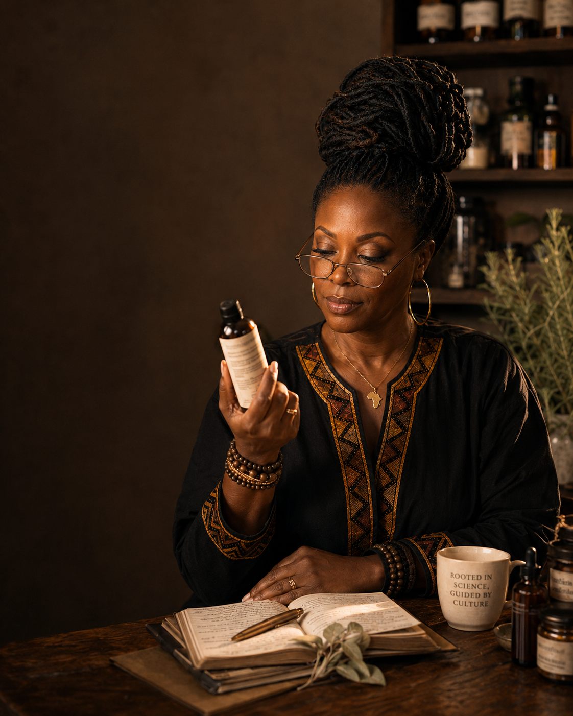 Doctor Djeli at her apothecary table, glasses on, turning a bottle to read the back of the label
