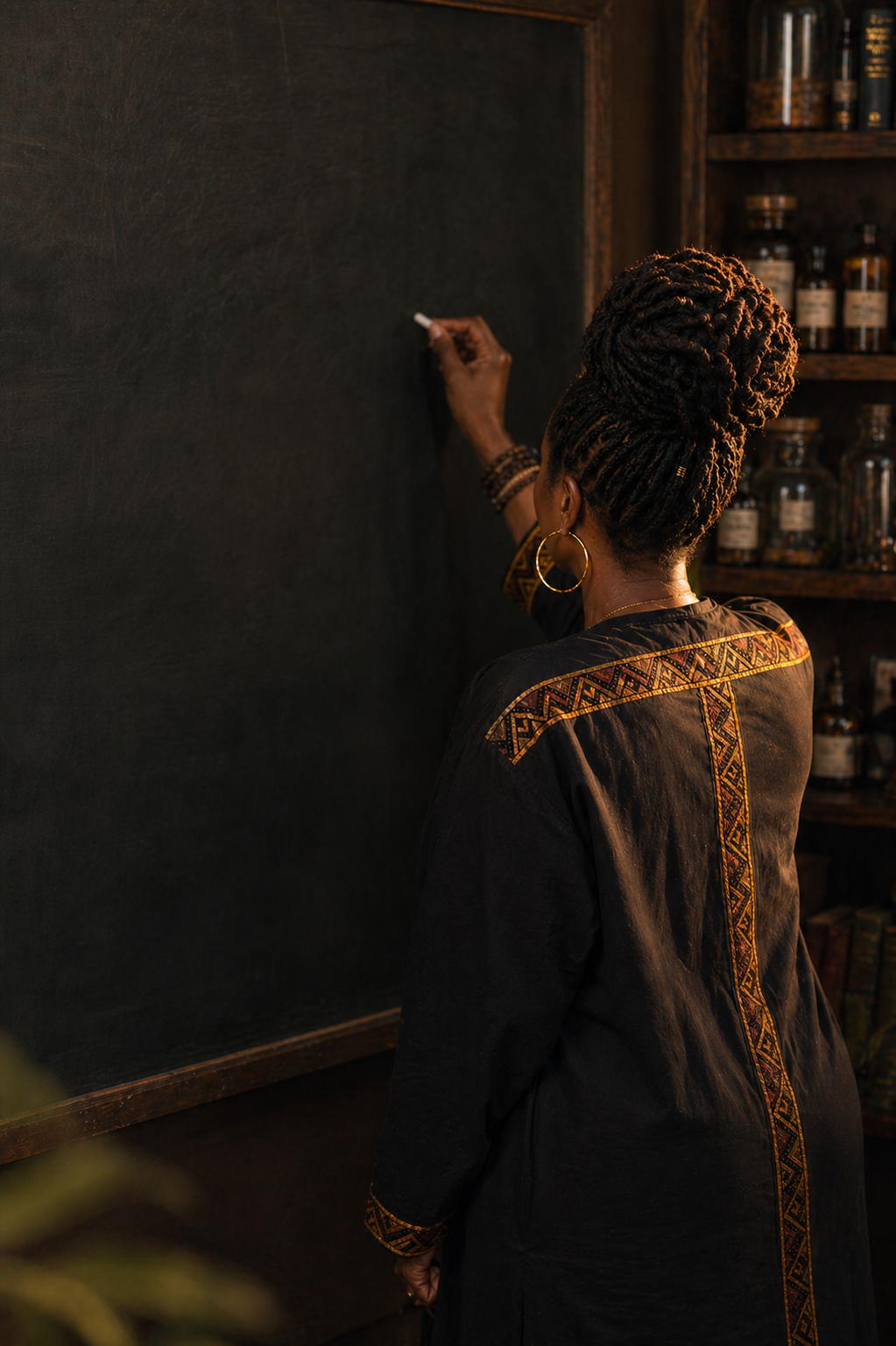 Doctor Djeli writing on a chalkboard in her apothecary.