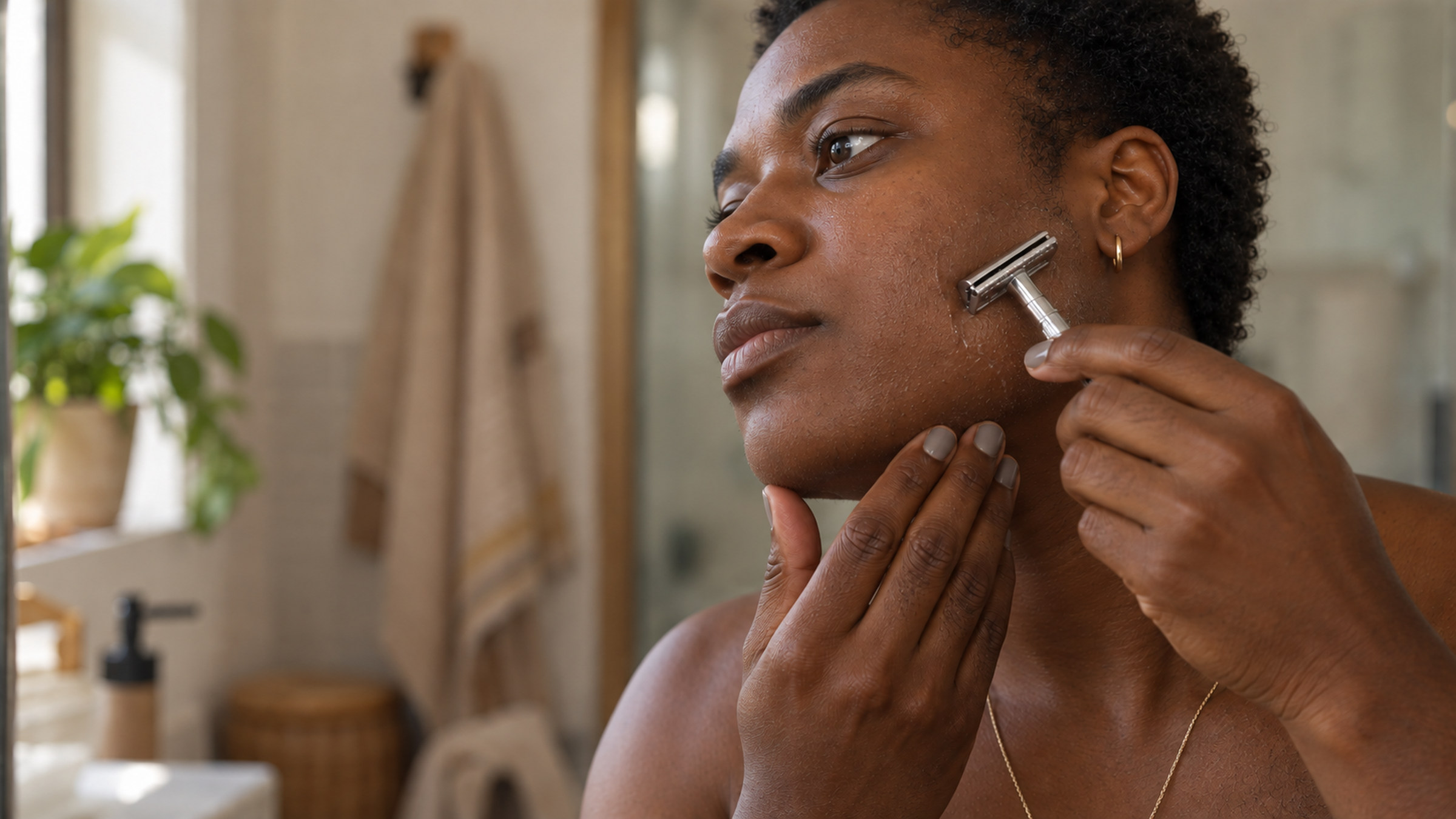 A single blade passes along a smooth cheek while a hand steadies the jaw.