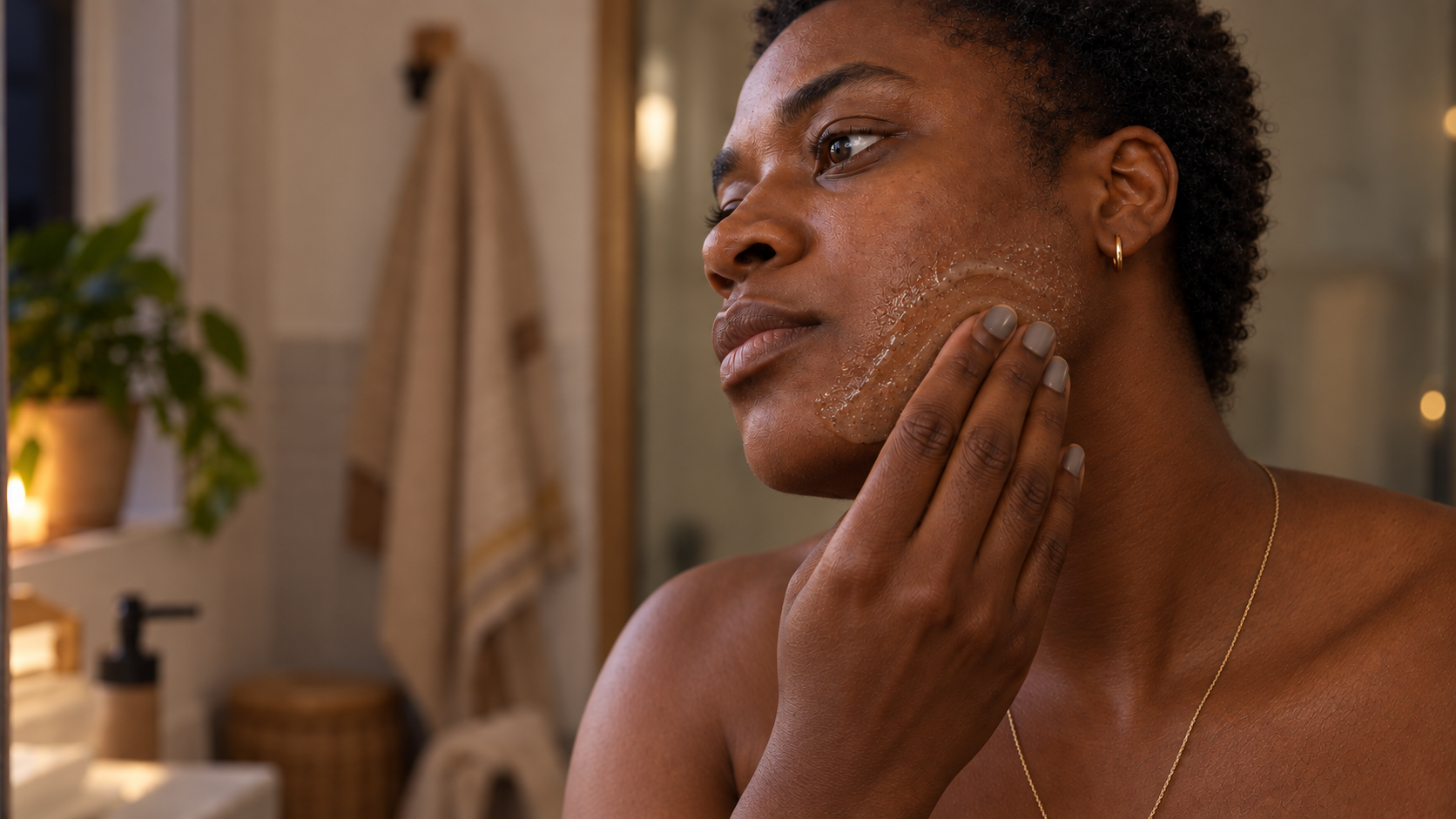The same woman gently spreading a thin exfoliating gel along her lower cheek and jaw the night before shaving.