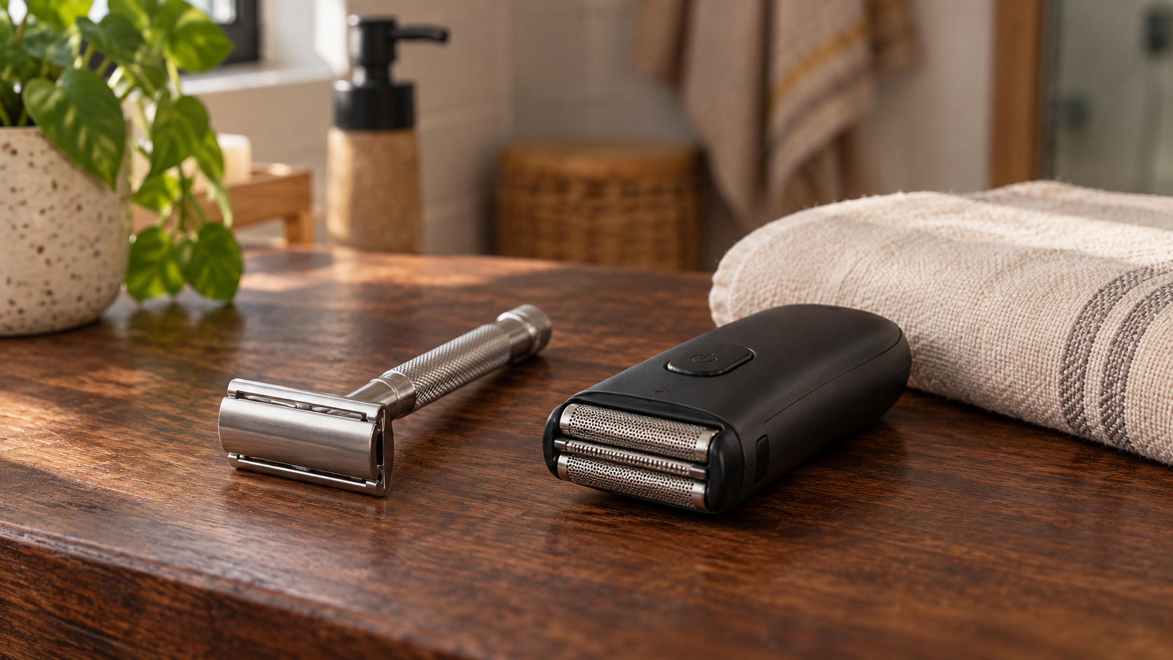 A single-blade safety razor and a foil-head shaver resting side by side on warm wood.