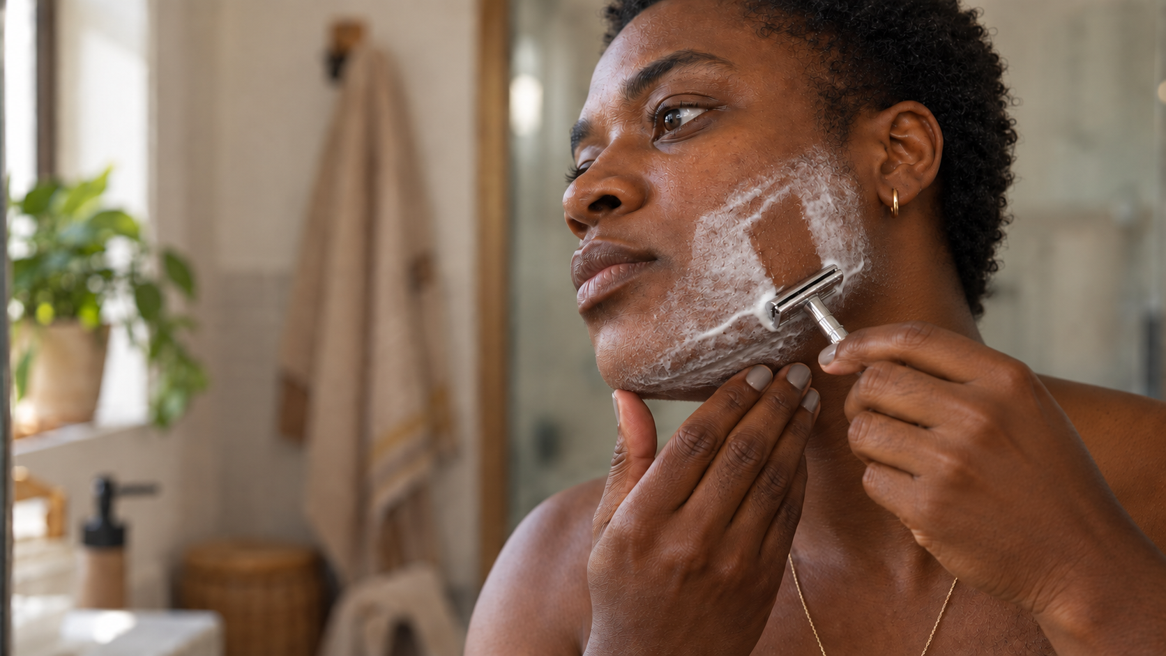 A hand drawing a single-blade razor down deep brown skin, with the grain