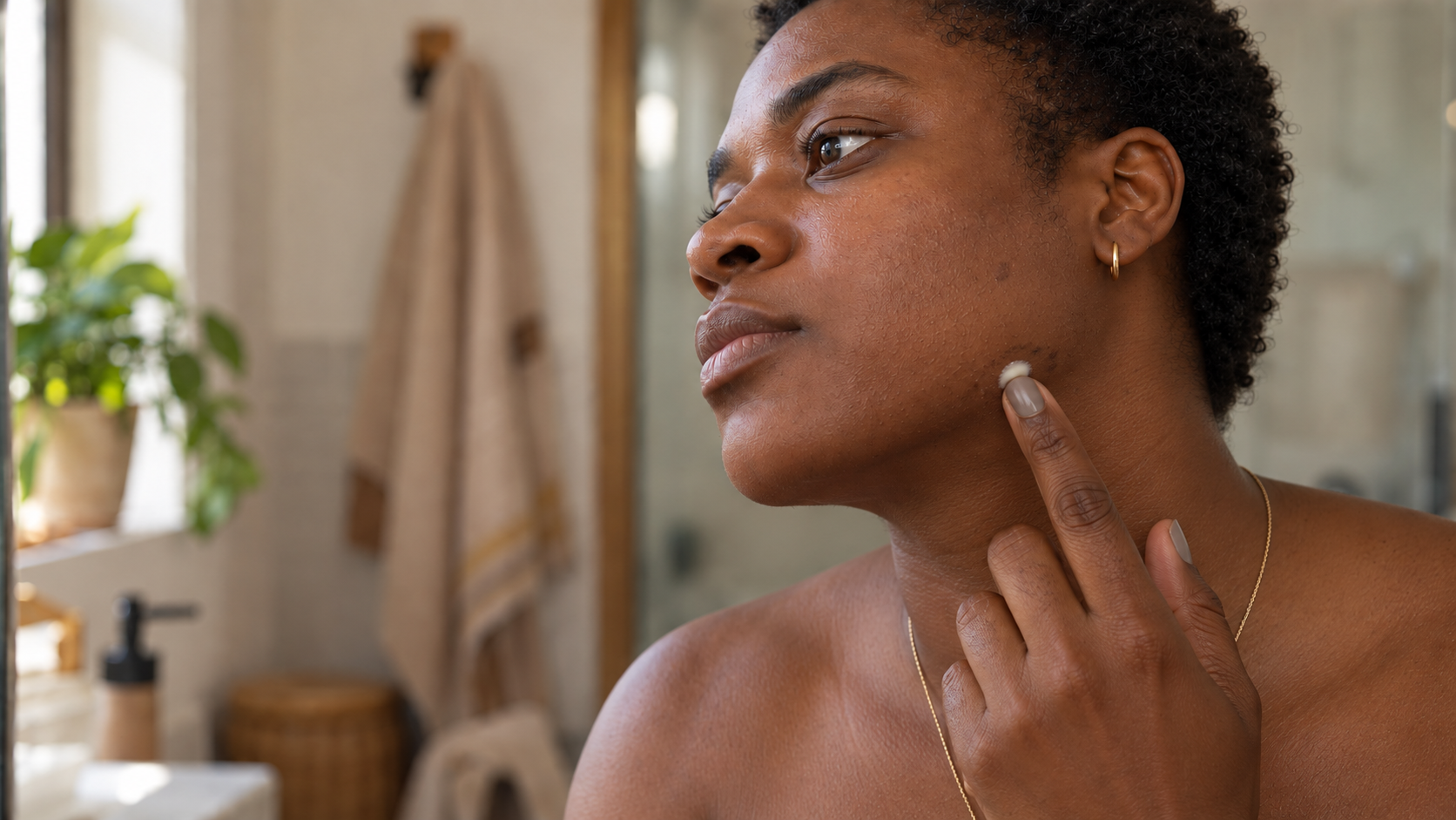 The same woman placing a pea-sized amount of azelaic-acid cream on a dark mark along her jaw.