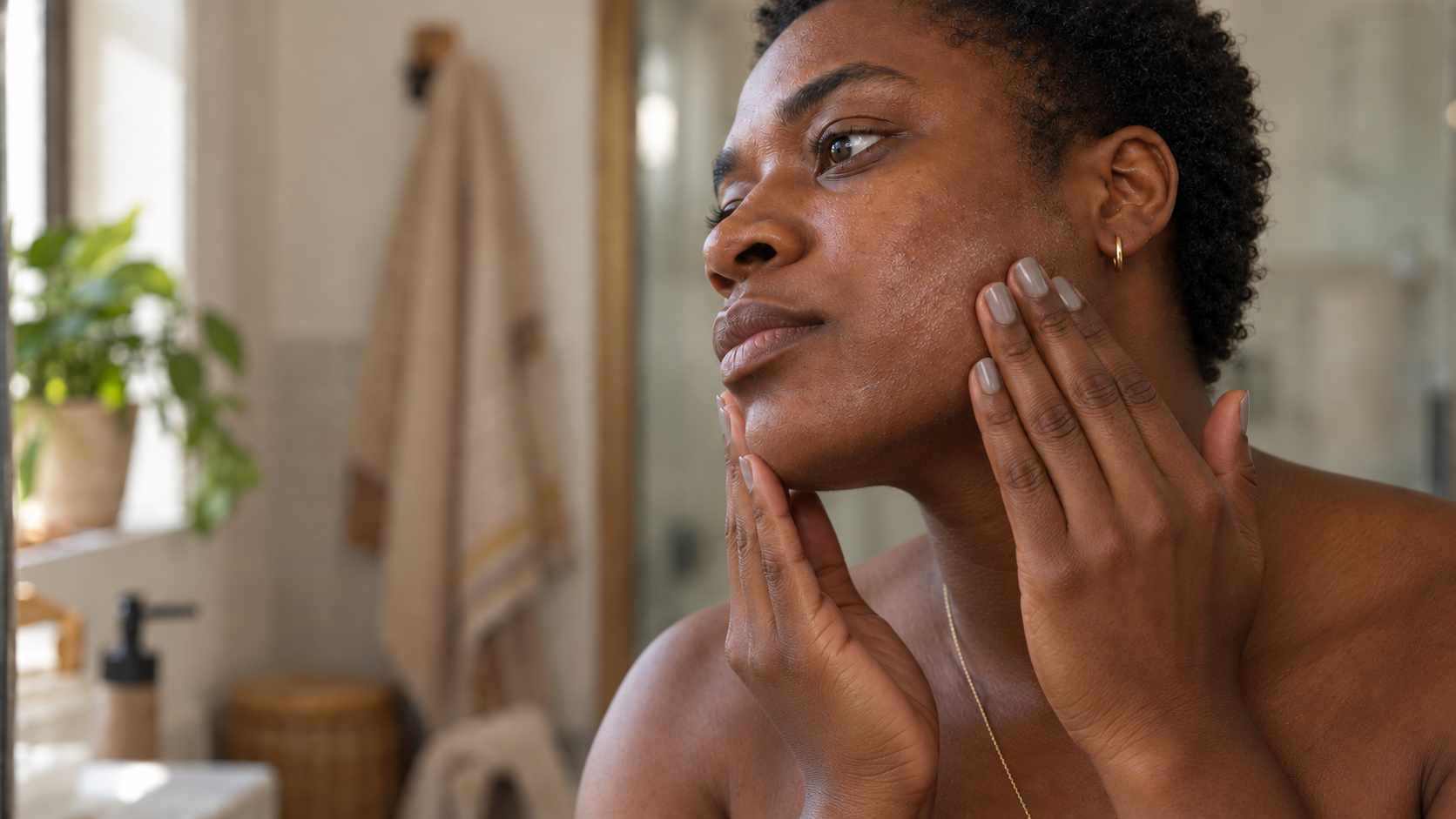 The same woman gently pressing ceramide moisturizer into her lower cheek and jaw with both hands.