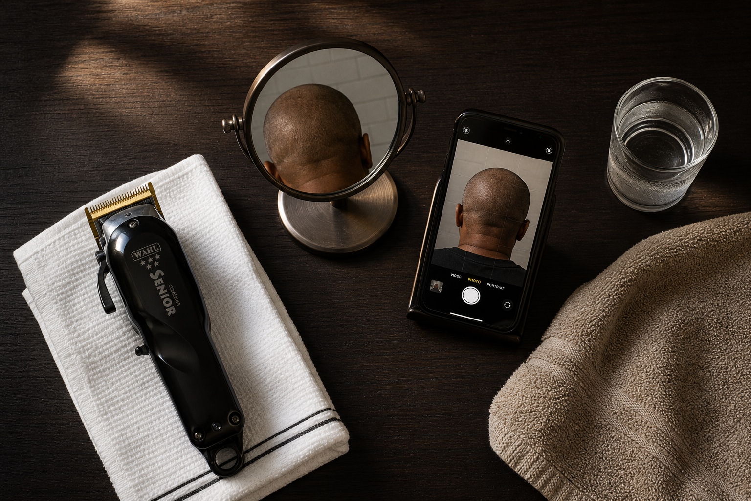 Clippers and a brass mirror on warm wood